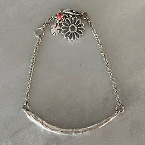 Cute Adjustable Lucky Brand Silvertone Bar Bracelet with Charms